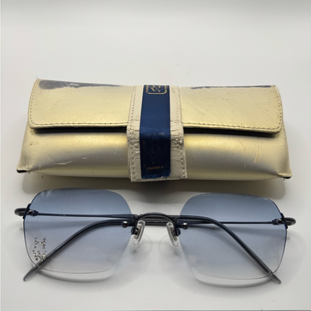 Hanae Mori HW Rimless Sunglasses Blue Gradient Rhinestone Y2K Made in Japan
